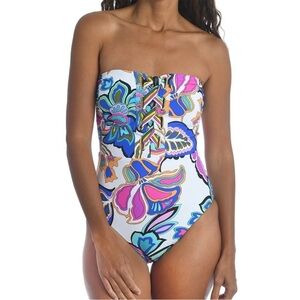 Trina Turk Mandalay Bandeau One Piece Swimsuit Tie Front Strapless Halter 10